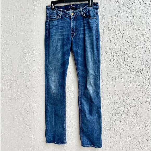 7 For All Mankind Mid Rise The Skinny Boot Jeans Dark Denim Blue Women's Size 31 - Picture 1 of 7